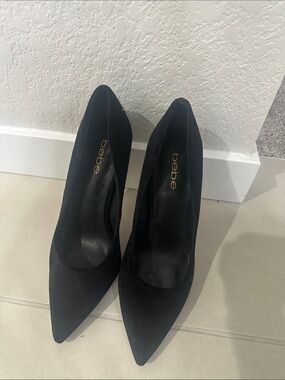 bebe Black Pointed Toe Suede Pumps with Gold Logo